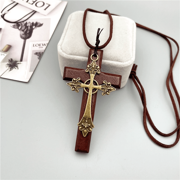 Vintage Double Wood Metal Cross Necklace