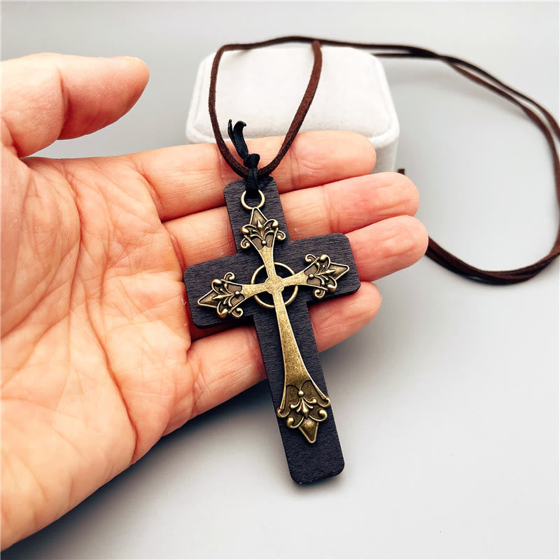 Vintage Double Wood Metal Cross Necklace