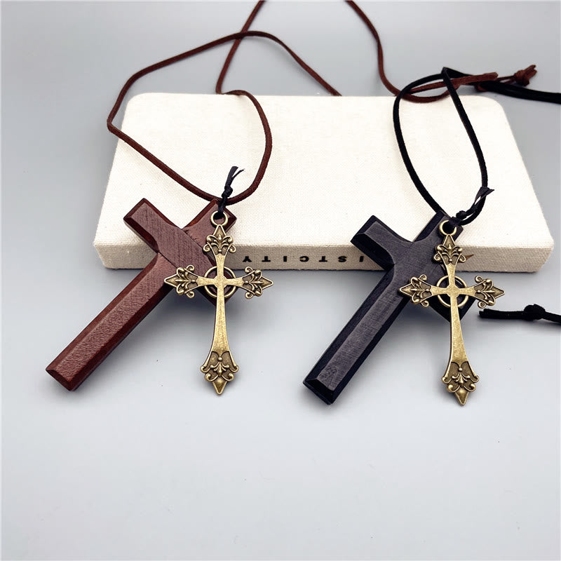 Vintage Double Wood Metal Cross Necklace