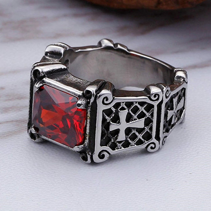 Red & Black Gemstone Cross - Embellished Couple Ring: A Symbol of Faith and Style