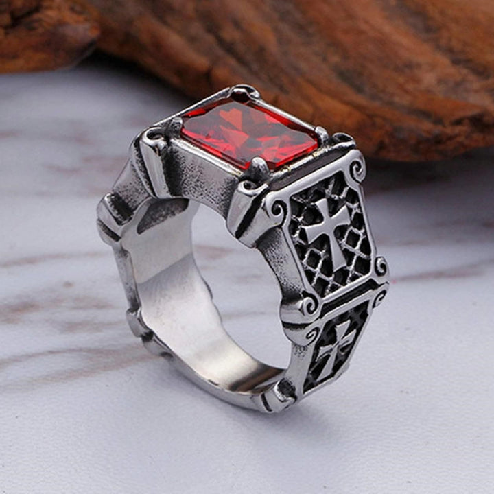 Red & Black Gemstone Cross - Embellished Couple Ring: A Symbol of Faith and Style