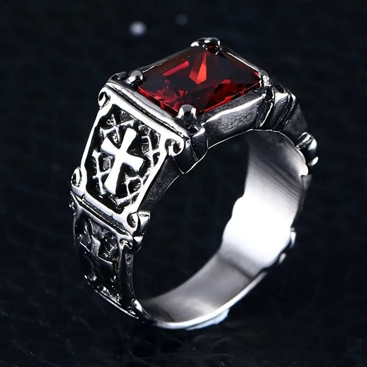 Red & Black Gemstone Cross - Embellished Couple Ring: A Symbol of Faith and Style
