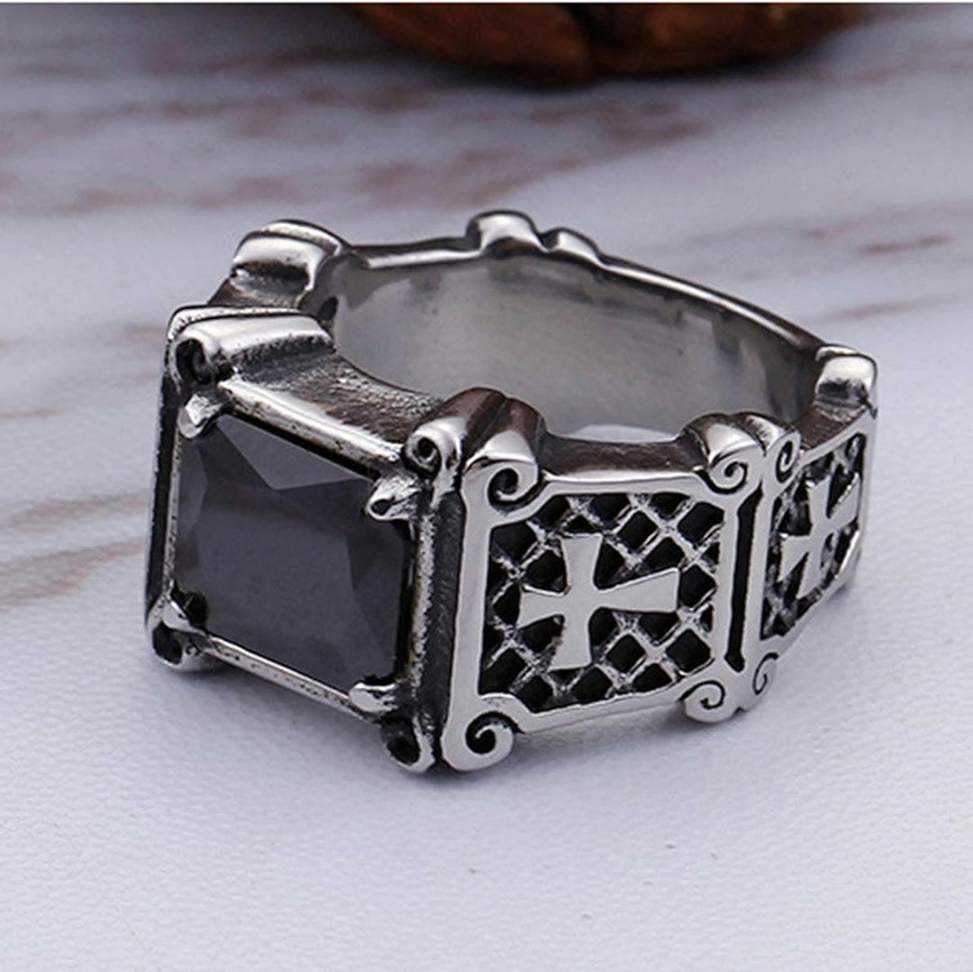Red & Black Gemstone Cross - Embellished Couple Ring: A Symbol of Faith and Style