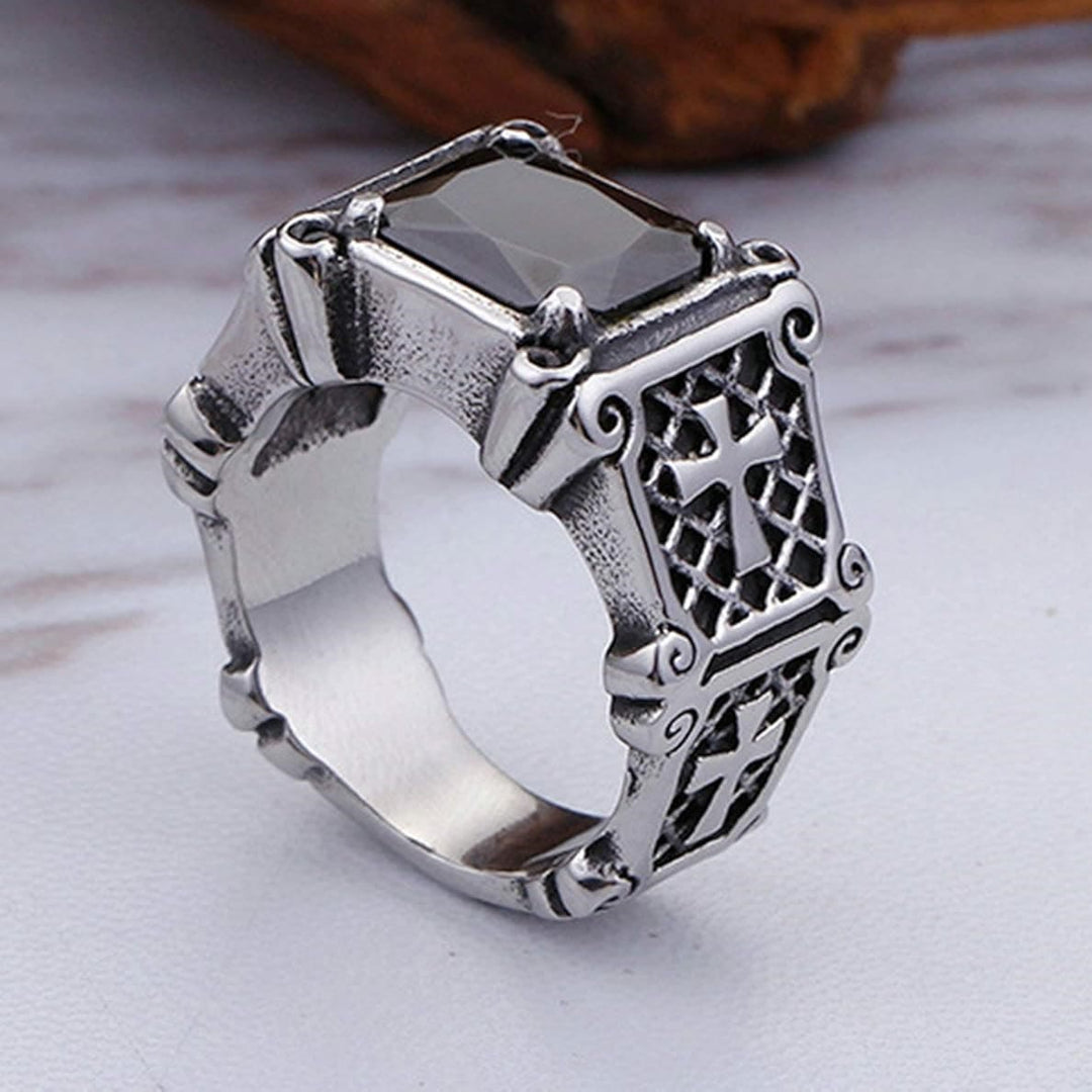 Red & Black Gemstone Cross - Embellished Couple Ring: A Symbol of Faith and Style
