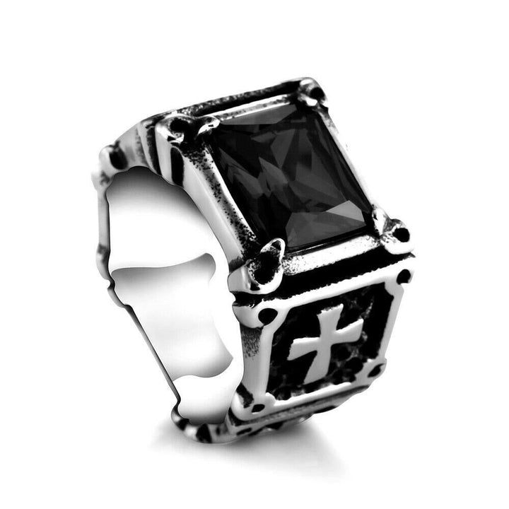 Red & Black Gemstone Cross - Embellished Couple Ring: A Symbol of Faith and Style