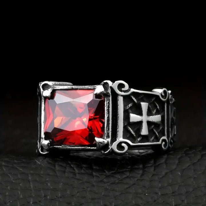 Red & Black Gemstone Cross - Embellished Couple Ring: A Symbol of Faith and Style