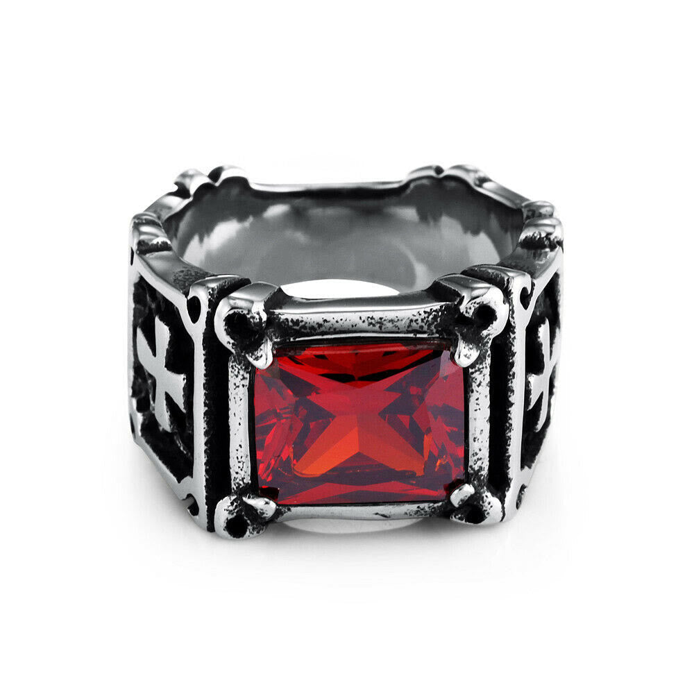 Red & Black Gemstone Cross - Embellished Couple Ring: A Symbol of Faith and Style