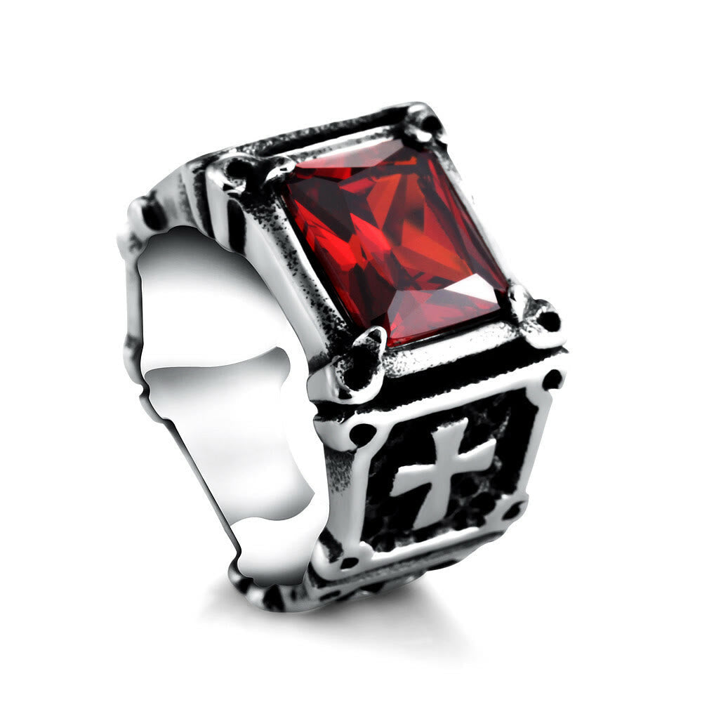 Red & Black Gemstone Cross - Embellished Couple Ring: A Symbol of Faith and Style