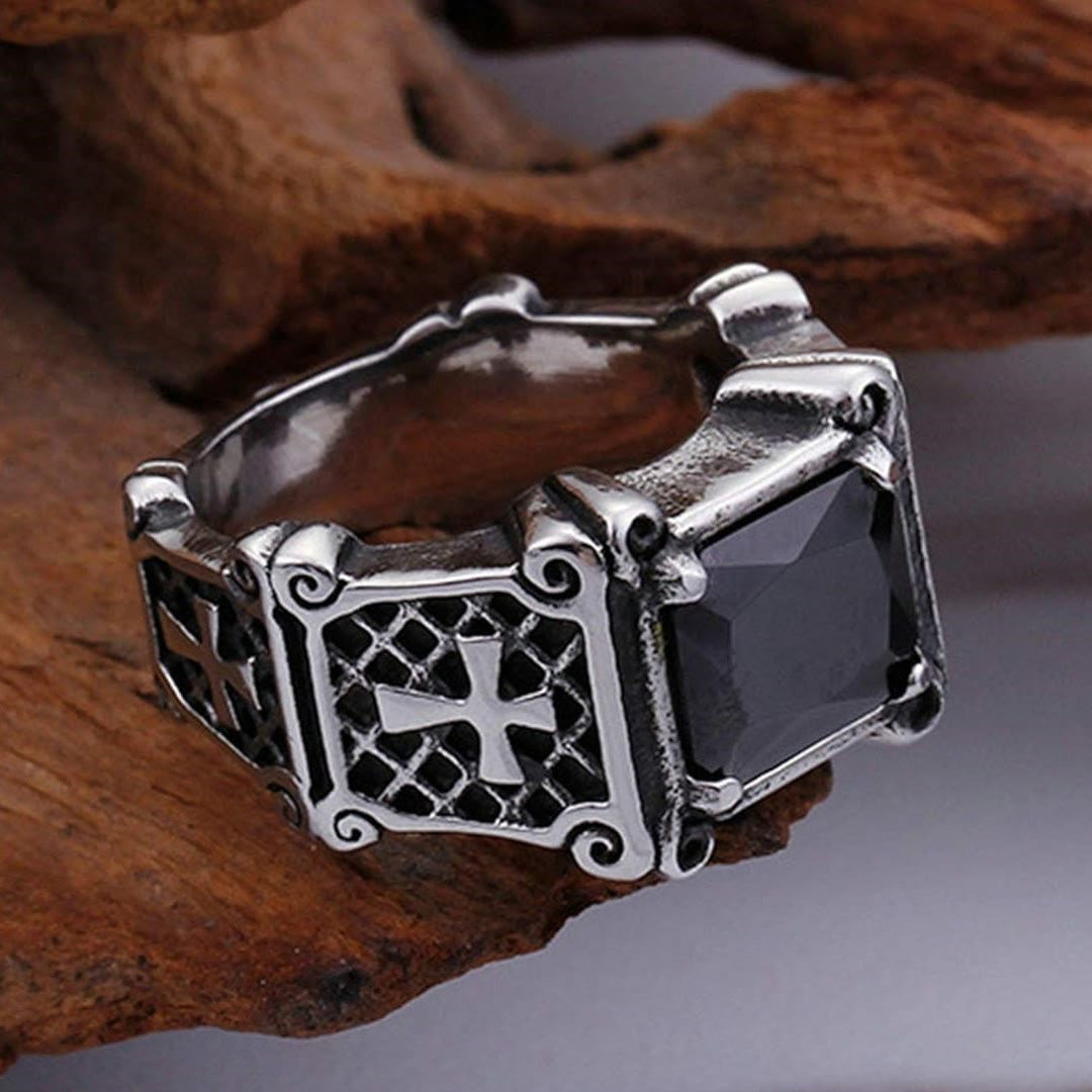 Red & Black Gemstone Cross - Embellished Couple Ring: A Symbol of Faith and Style