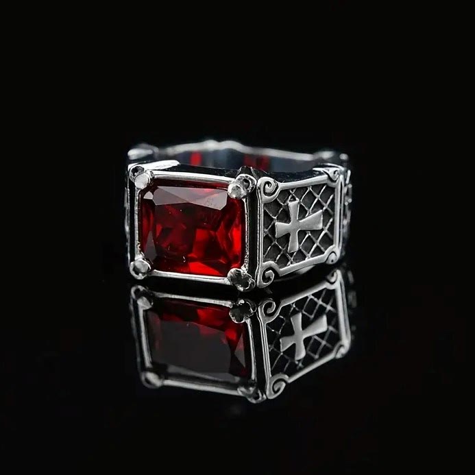 Red & Black Gemstone Cross - Embellished Couple Ring: A Symbol of Faith and Style
