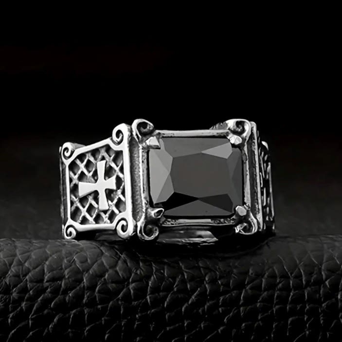 Red & Black Gemstone Cross - Embellished Couple Ring: A Symbol of Faith and Style