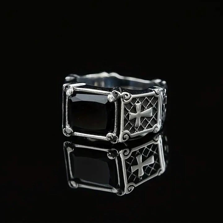 Red & Black Gemstone Cross - Embellished Couple Ring: A Symbol of Faith and Style