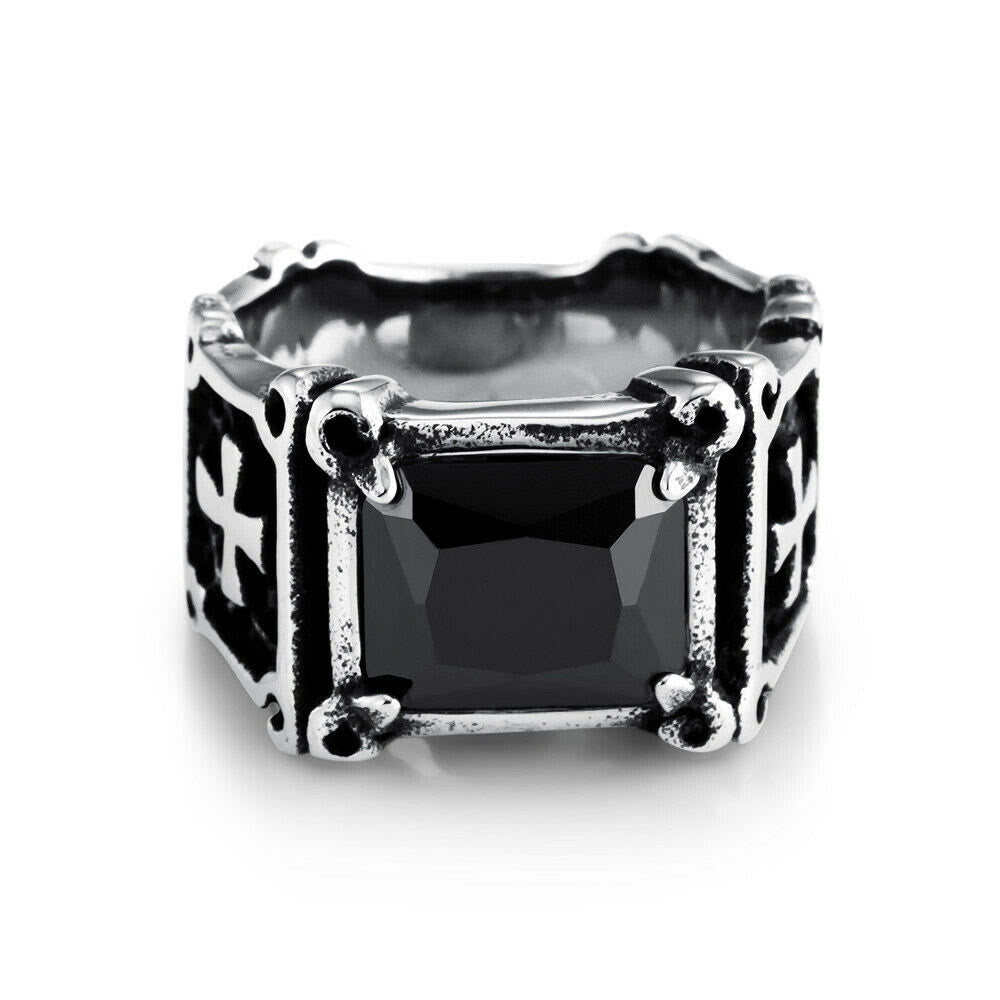 Red & Black Gemstone Cross - Embellished Couple Ring: A Symbol of Faith and Style