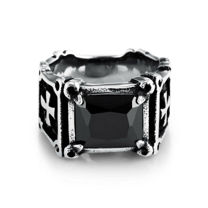 Red & Black Gemstone Cross - Embellished Couple Ring: A Symbol of Faith and Style