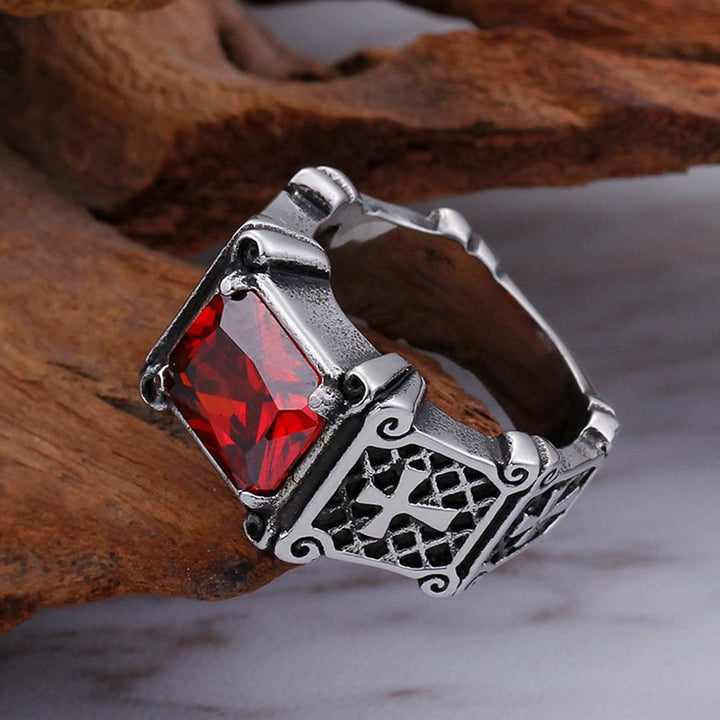 Red & Black Gemstone Cross - Embellished Couple Ring: A Symbol of Faith and Style
