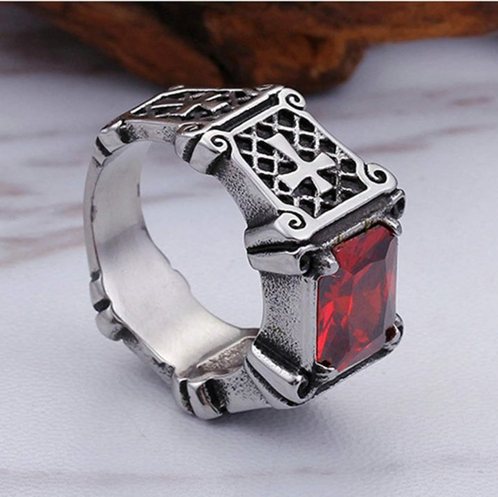 Red & Black Gemstone Cross - Embellished Couple Ring: A Symbol of Faith and Style