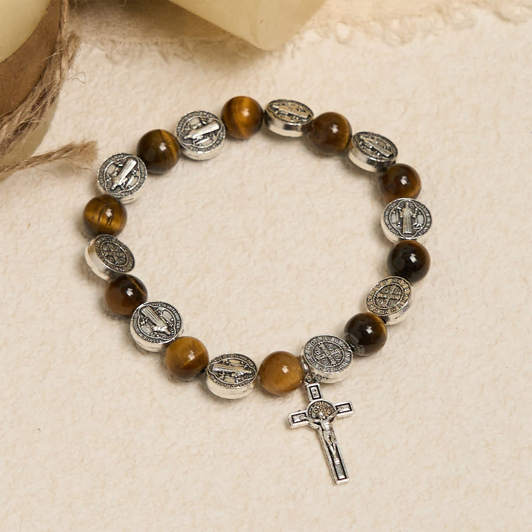 St. Benedict Symbol Tiger's Eye Bracelet: A Blend of Faith and Beauty