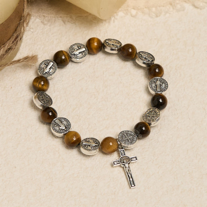 St. Benedict Symbol Tiger's Eye Bracelet: A Blend of Faith and Beauty