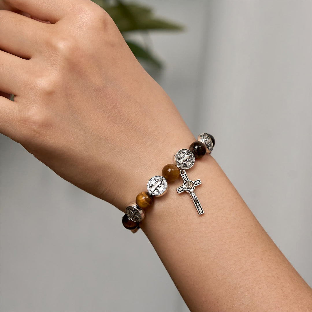 St. Benedict Symbol Tiger's Eye Bracelet: A Blend of Faith and Beauty