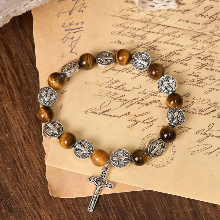 St. Benedict Symbol Tiger's Eye Bracelet: A Blend of Faith and Beauty