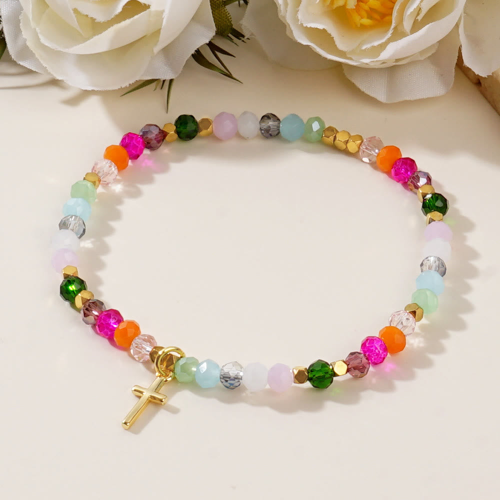 Multicolored Crystal Cross Bracelet with Blessed Card: A Vivid Token of Faith