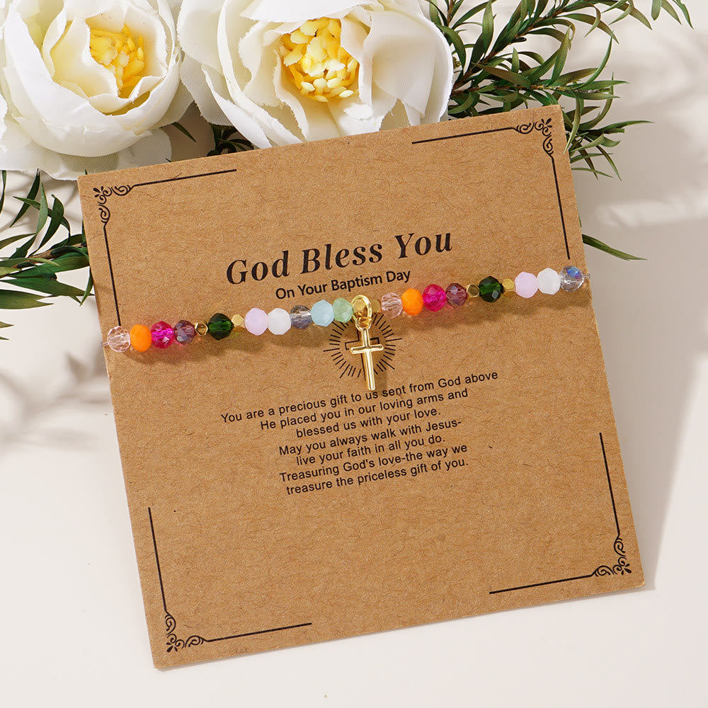 Multicolored Crystal Cross Bracelet with Blessed Card: A Vivid Token of Faith