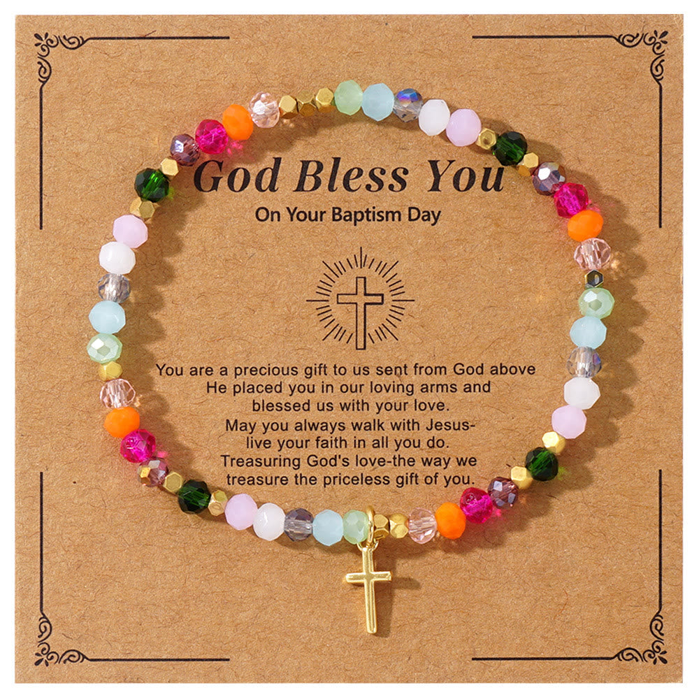 Multicolored Crystal Cross Bracelet with Blessed Card: A Vivid Token of Faith