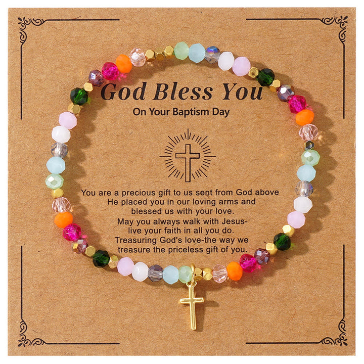 Multicolored Crystal Cross Bracelet with Blessed Card: A Vivid Token of Faith