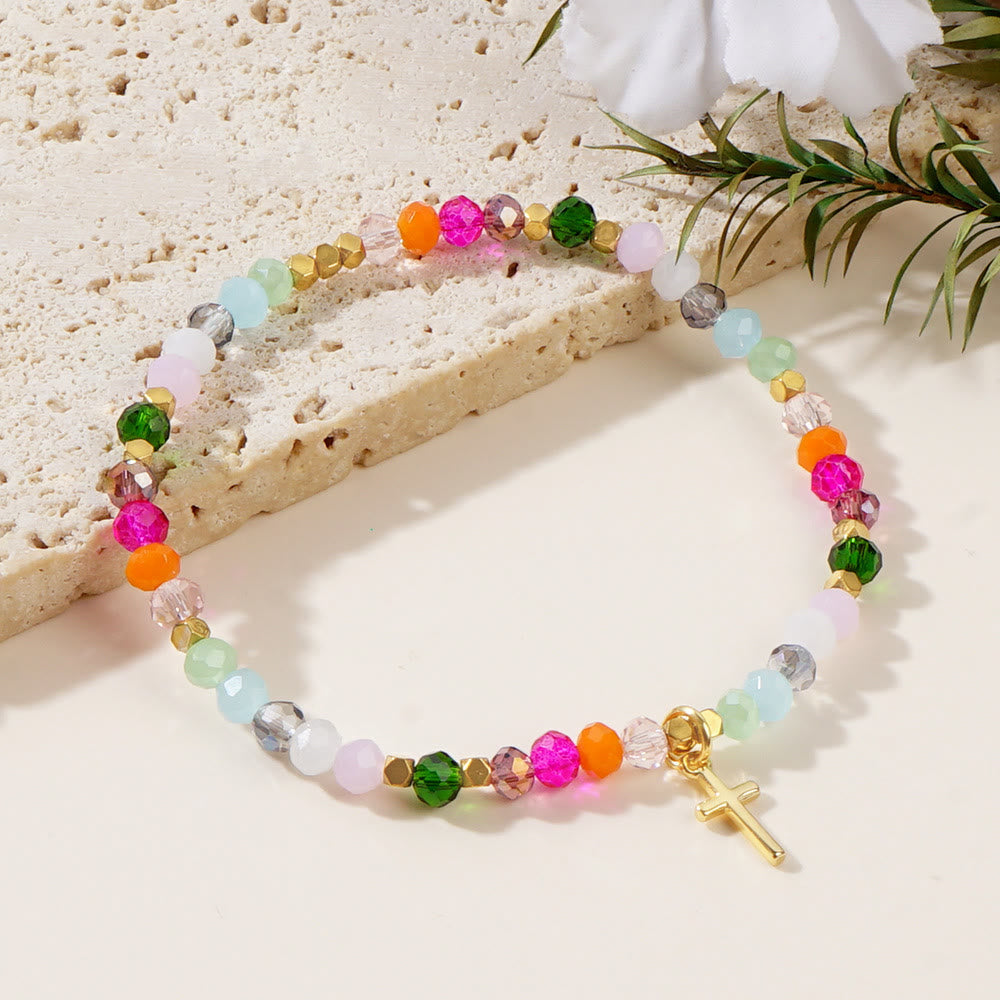 Multicolored Crystal Cross Bracelet with Blessed Card: A Vivid Token of Faith