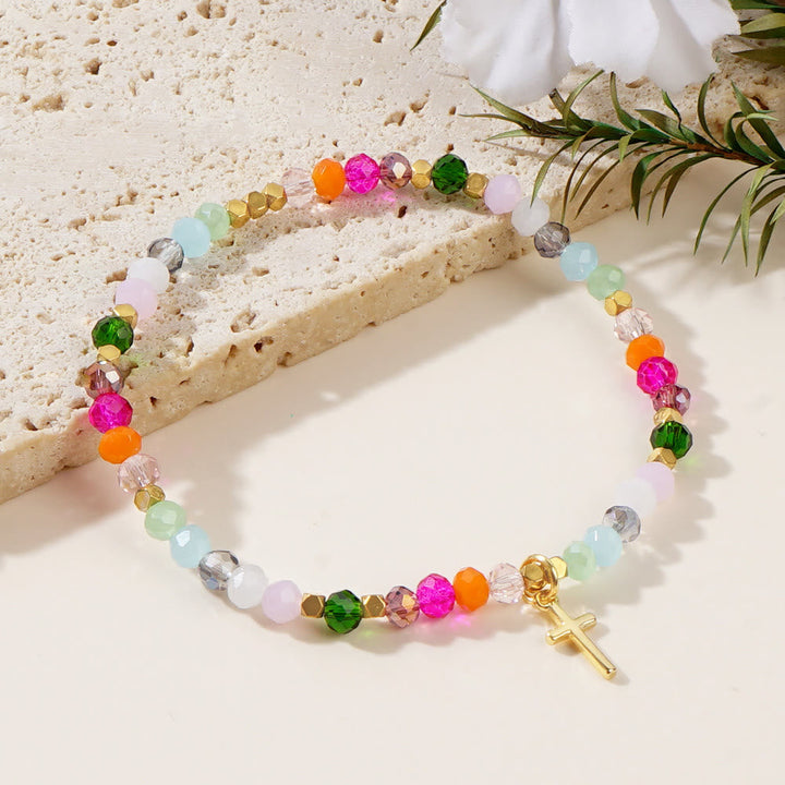 Multicolored Crystal Cross Bracelet with Blessed Card: A Vivid Token of Faith