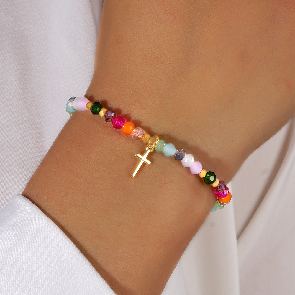 Multicolored Crystal Cross Bracelet with Blessed Card: A Vivid Token of Faith