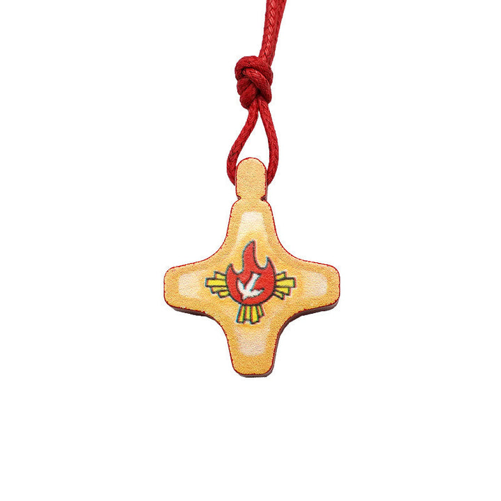 Holy Spirit Wooden Cross Pendant and Red Enameled Medal Necklace