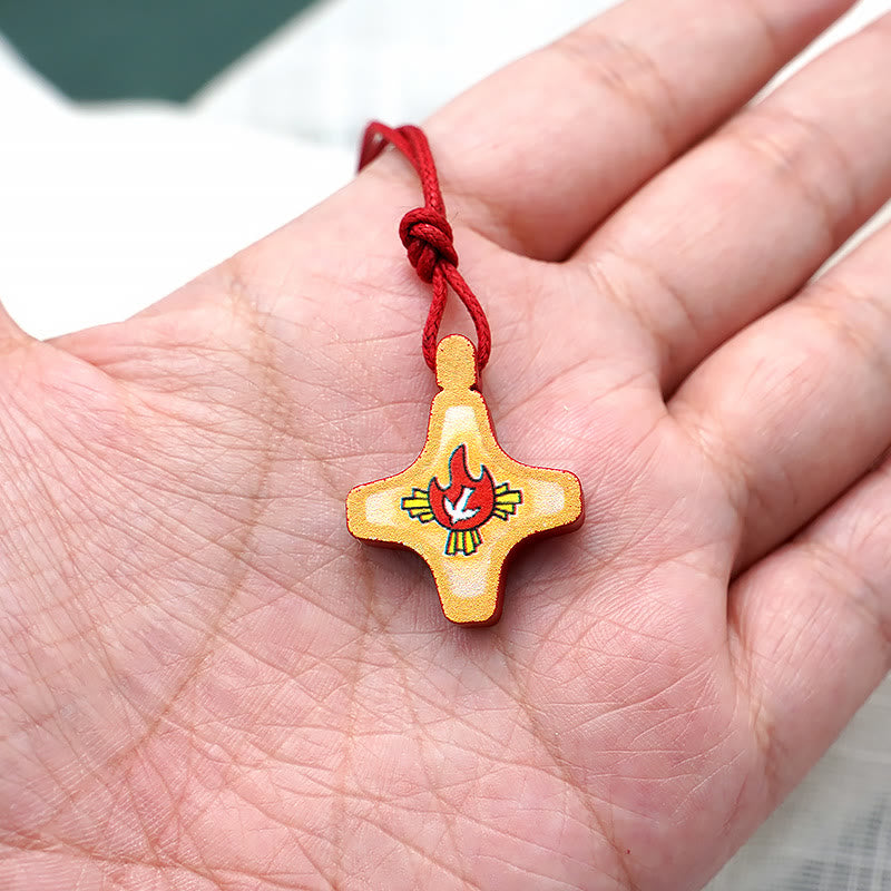 Holy Spirit Wooden Cross Pendant and Red Enameled Medal Necklace