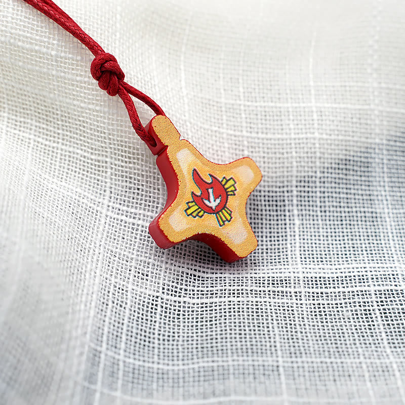 Holy Spirit Wooden Cross Pendant and Red Enameled Medal Necklace