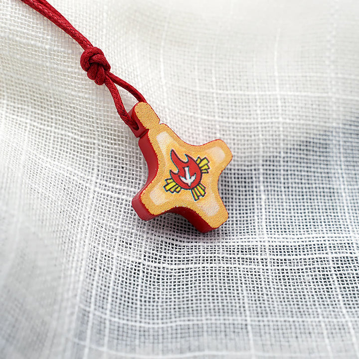 Holy Spirit Wooden Cross Pendant and Red Enameled Medal Necklace