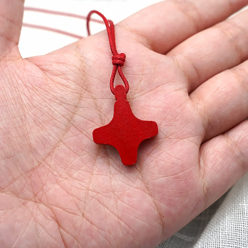 Holy Spirit Wooden Cross Pendant and Red Enameled Medal Necklace