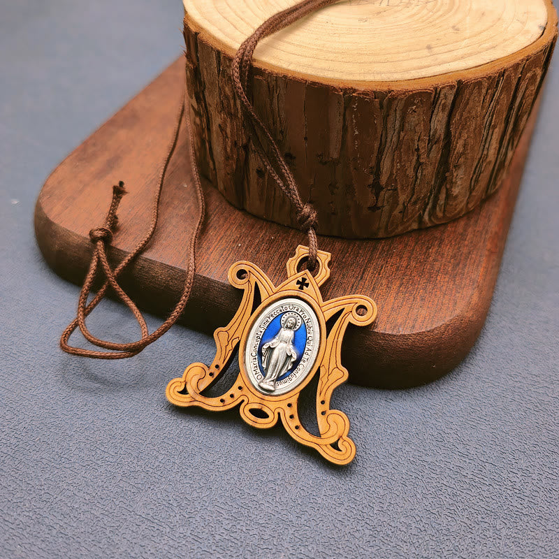 Vintage Olive Wood Miraculous Medal Necklace: A Timeless Emblem of Divine Grace