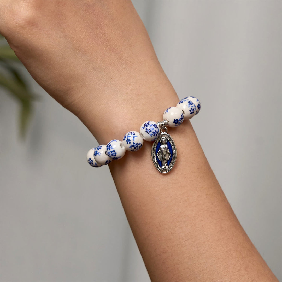 Blue & White Beaded Floral Bracelet with Miraculous Medal