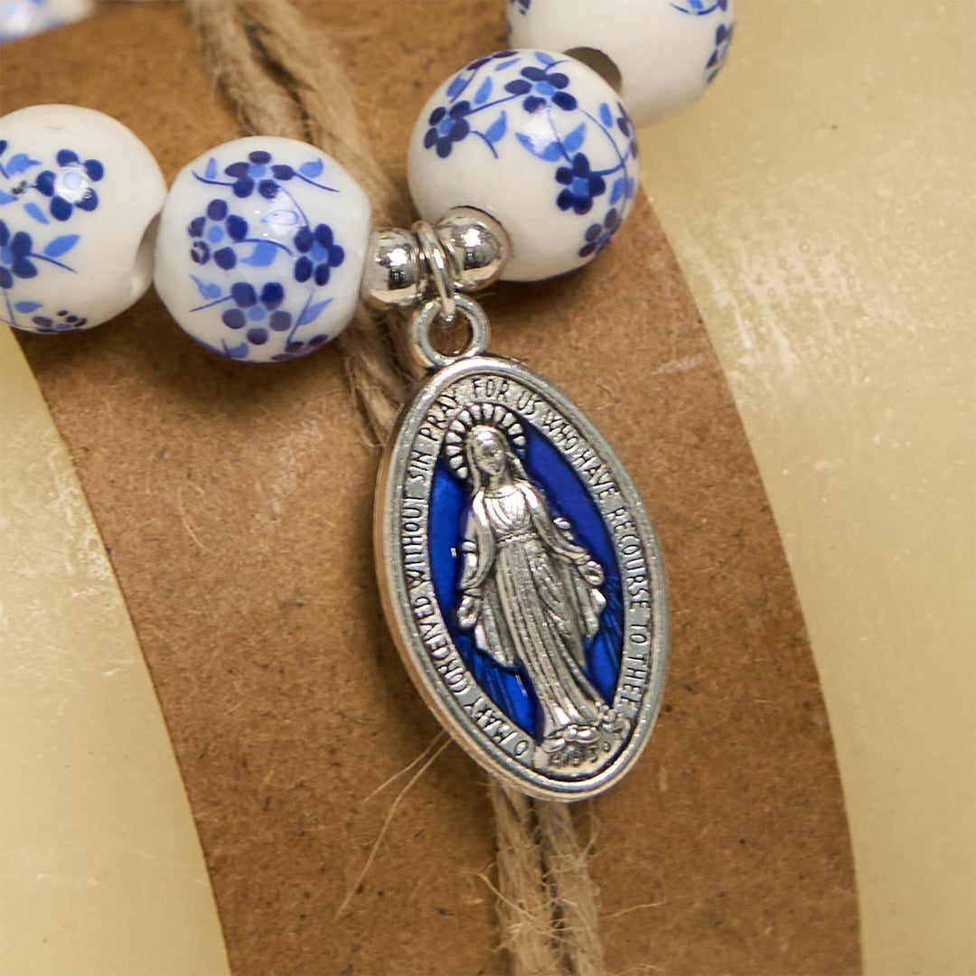 Blue & White Beaded Floral Bracelet with Miraculous Medal
