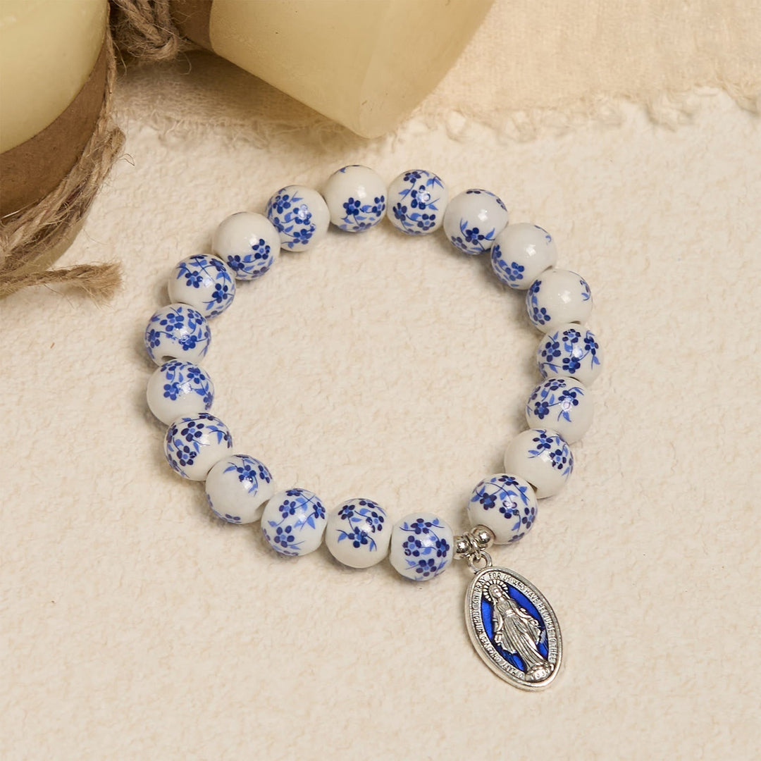 Blue & White Beaded Floral Bracelet with Miraculous Medal