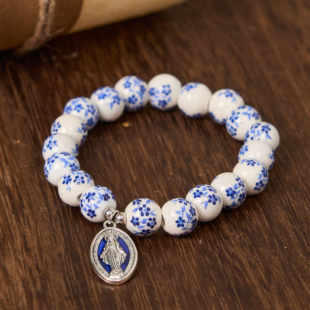 Blue & White Beaded Floral Bracelet with Miraculous Medal