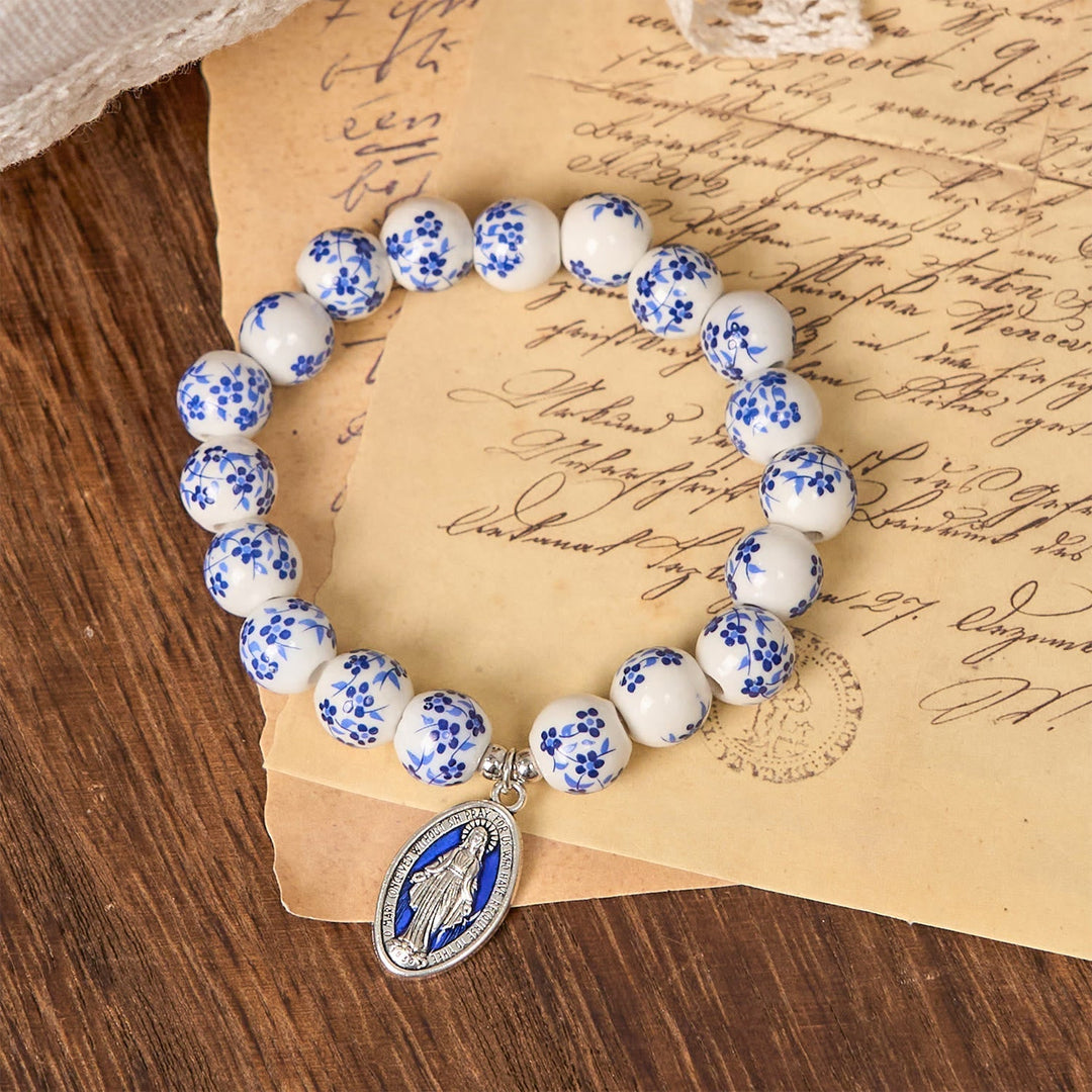Blue & White Beaded Floral Bracelet with Miraculous Medal