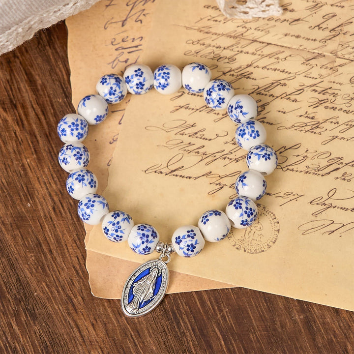 Blue & White Beaded Floral Bracelet with Miraculous Medal