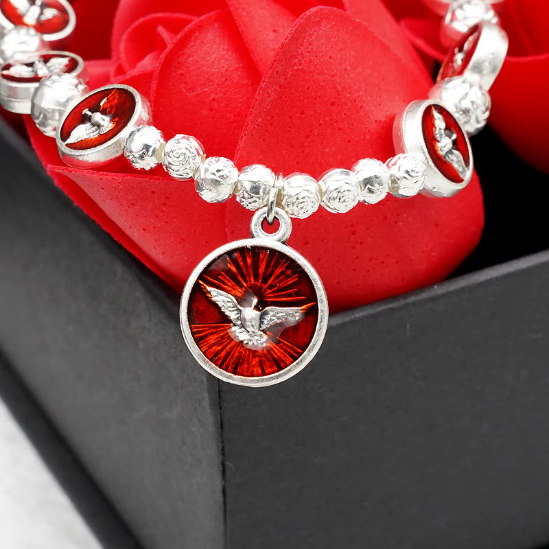 Enamel Holy Spirit with Cross and Rose Beads Bracelet: Cherished Symbol of Blessed Protection