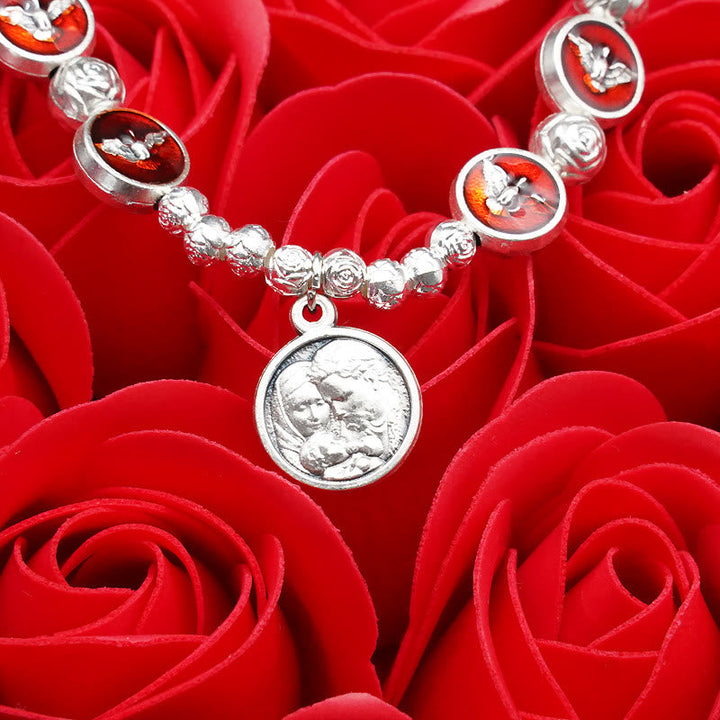 Enamel Holy Spirit with Cross and Rose Beads Bracelet: Cherished Symbol of Blessed Protection
