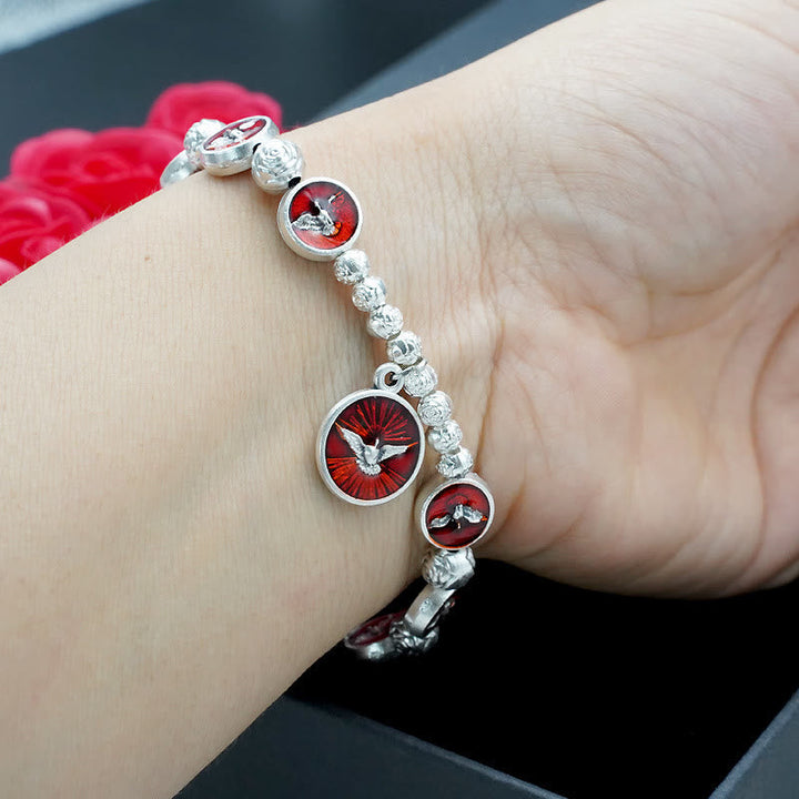 Enamel Holy Spirit with Cross and Rose Beads Bracelet: Cherished Symbol of Blessed Protection