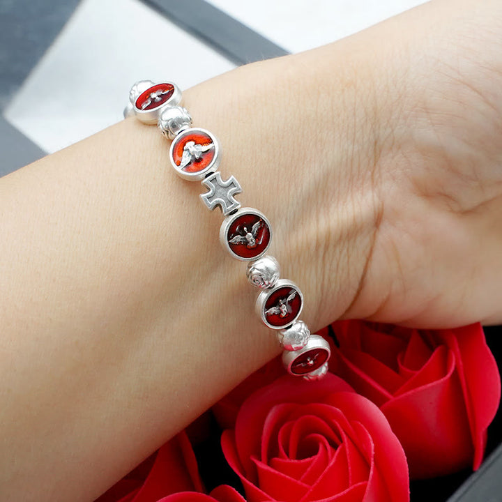 Enamel Holy Spirit with Cross and Rose Beads Bracelet: Cherished Symbol of Blessed Protection