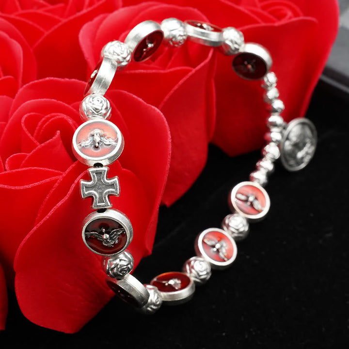 Enamel Holy Spirit with Cross and Rose Beads Bracelet: Cherished Symbol of Blessed Protection