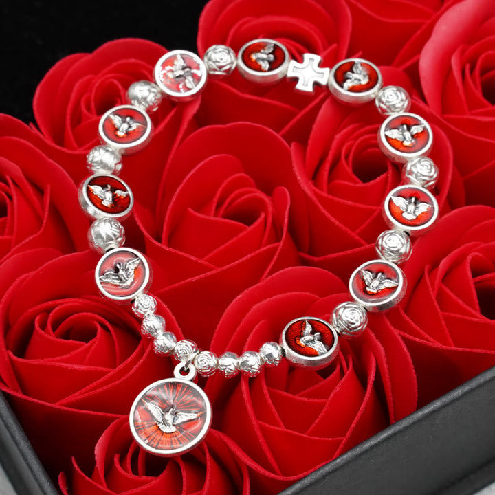Enamel Holy Spirit with Cross and Rose Beads Bracelet: Cherished Symbol of Blessed Protection