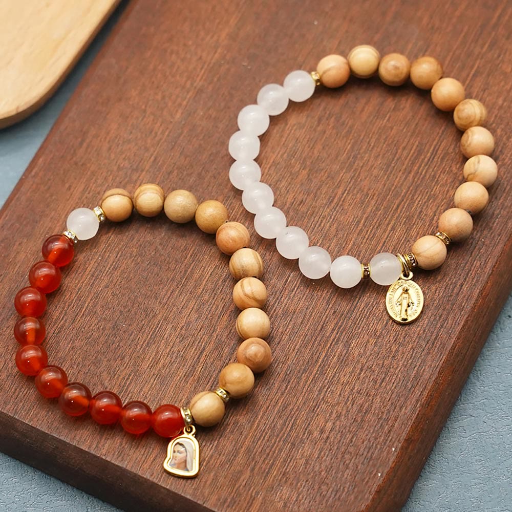 Red Agate & White Chalcedony Beads With Our Lady Pendant Bracelets: A Token of Devotion